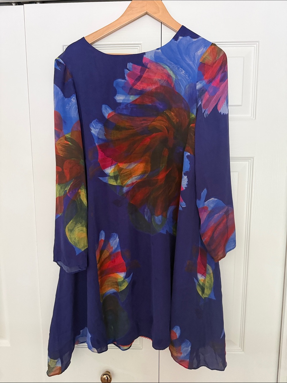leifsdottir Navy Floral Swing Dress with Bold Red, Blue & Green Accents..size L